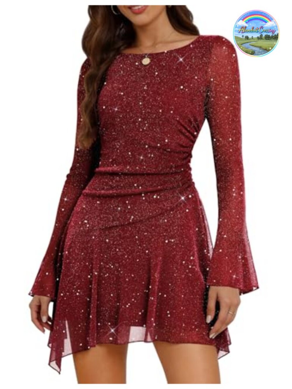Sparkly Sequin Cocktail Dress Bell Sleeves Ruched